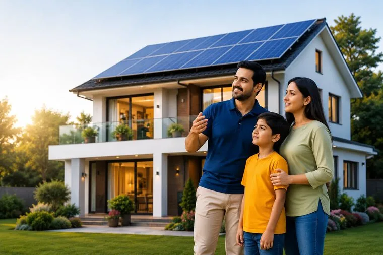 Happy family outside their solar-powered home