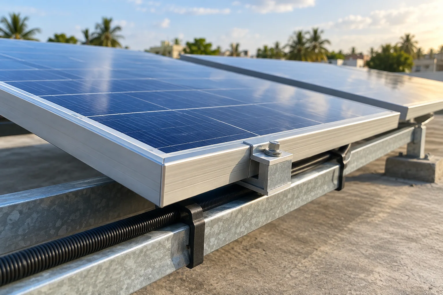 AI-generated close-up illustrating a module clamp, mounting rail and protected cable route; not a documented Vishan Solar project
